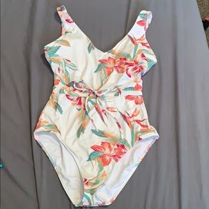 White Floral Print 1 piece swim suit
